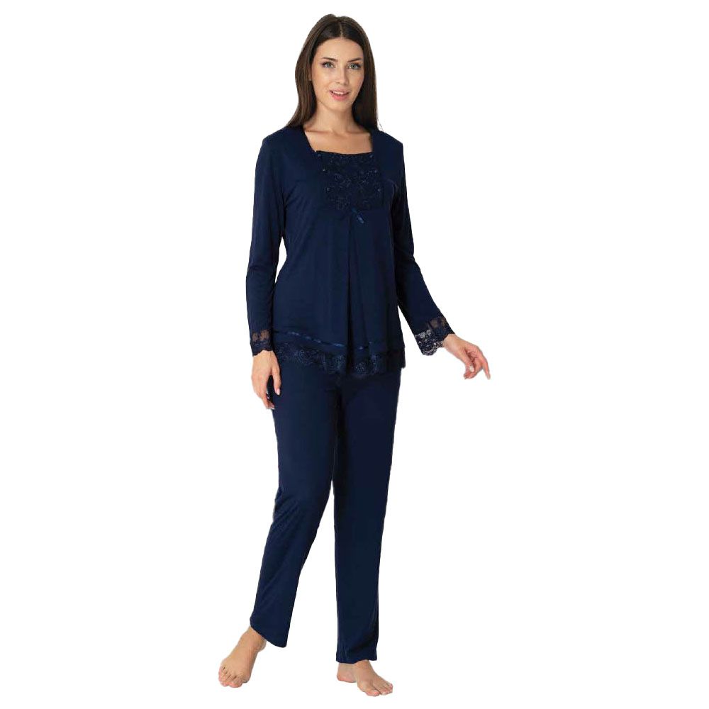 Mini Plum - Lace Detail Maternity Pajamas Set - Navy