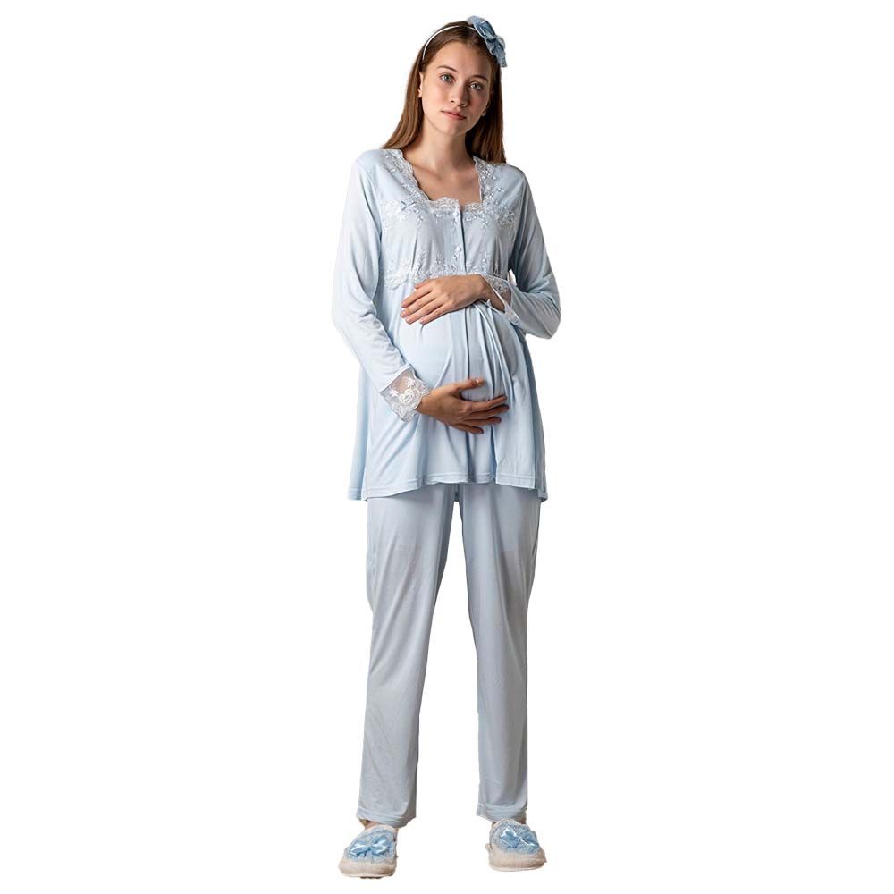 Mini Plum - 3pc-Set - Lace Maternity Pajamas & Robe - Blue