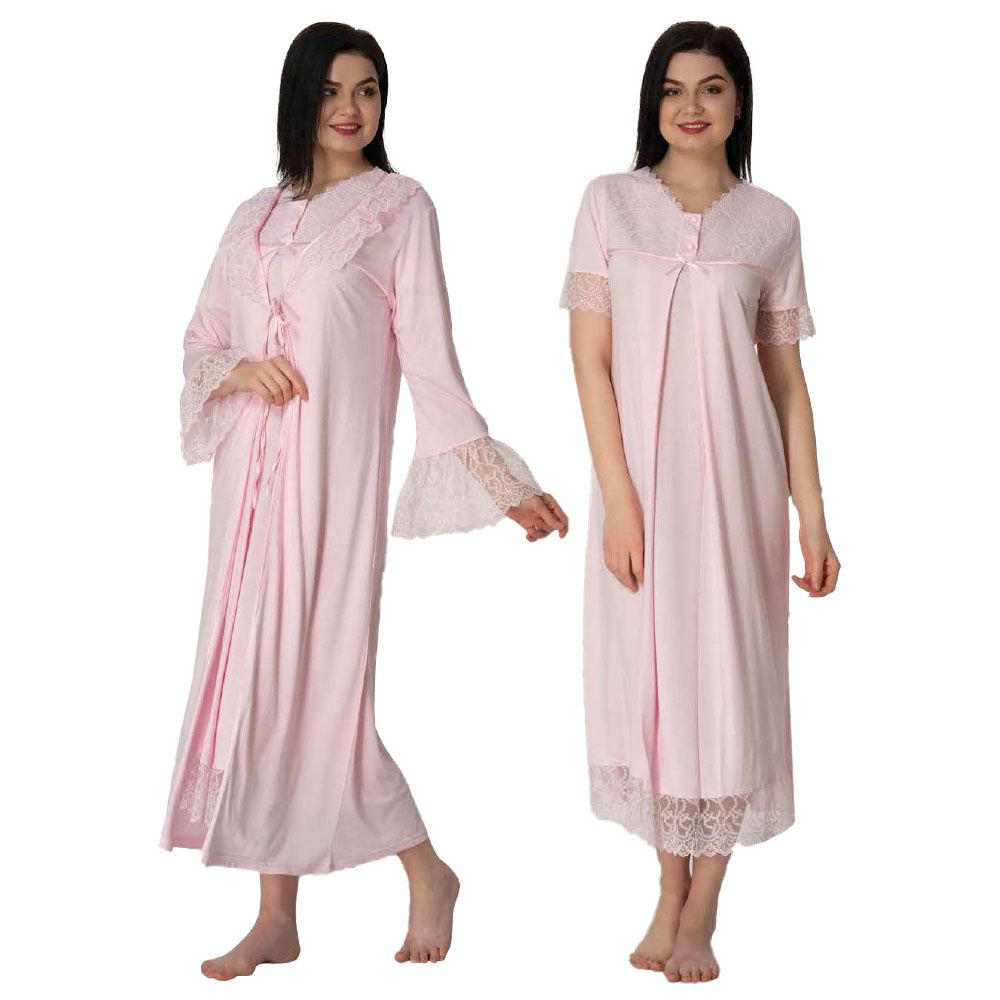 Mini Plum - 2pc-set - Maternity Nightie & Robe w/ Lace - Pink