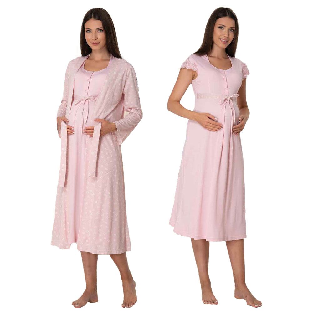 Mini Plum - 2pc-set - Maternity Nightie & Robe - Pink