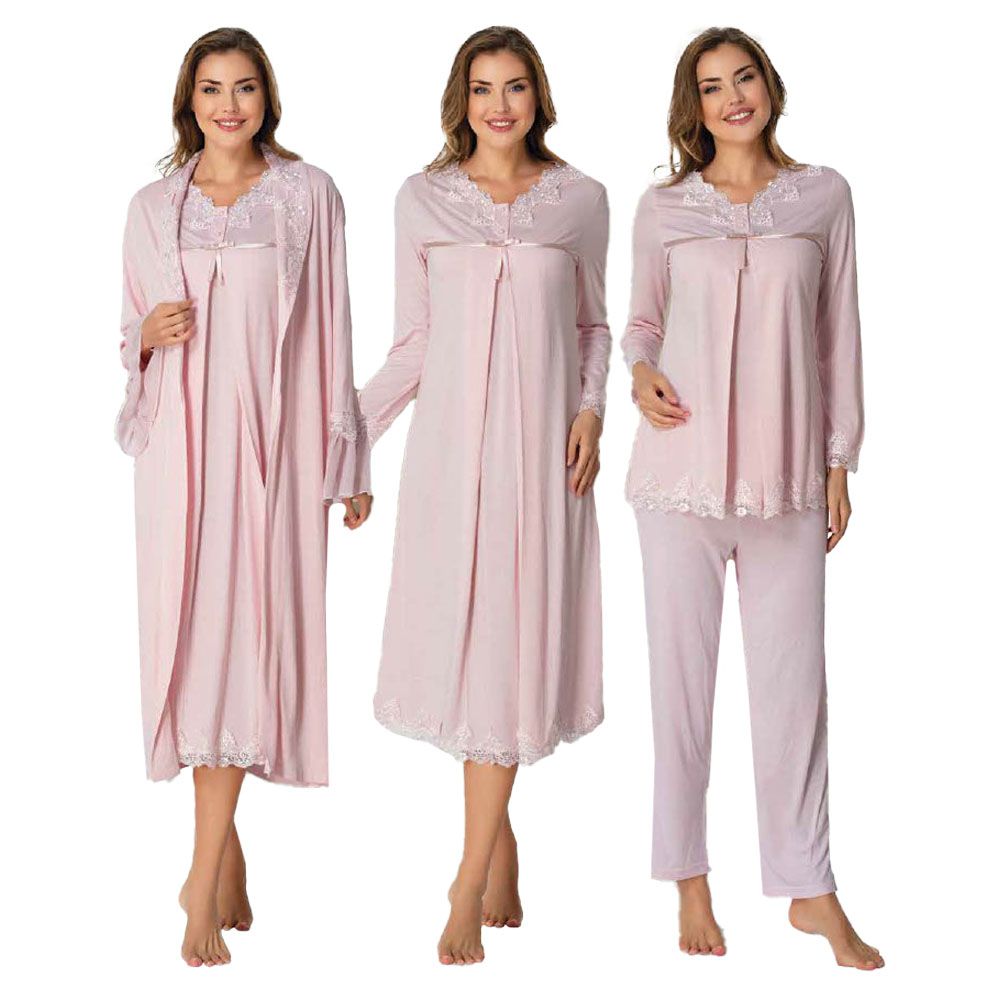 Mini Plum - 4pc-set - Maternity Lace Nightwear Set - Pink