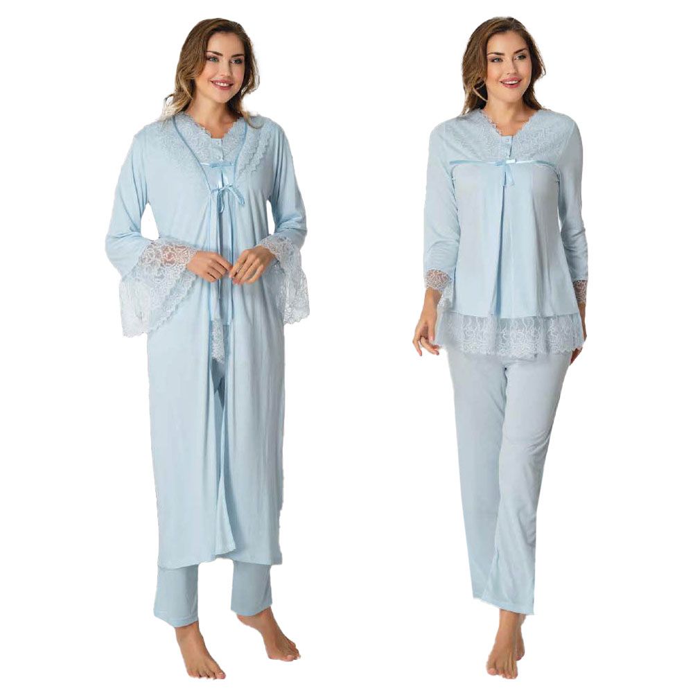 Mini Plum - 3pc-set - Maternity Lace PJ & Robe - Blue