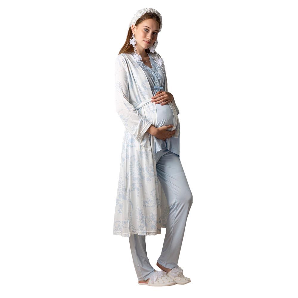 Mini Plum - 3pc-set - Maternity Pajama Set & Robe - Blue