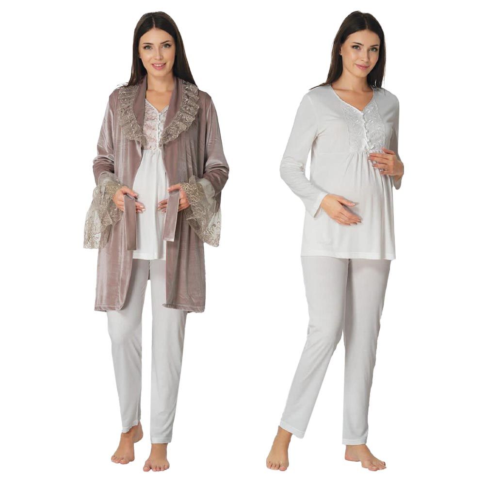 Mini Plum - 3pc-Set - Lace Maternity Pajamas & Robe - Beige