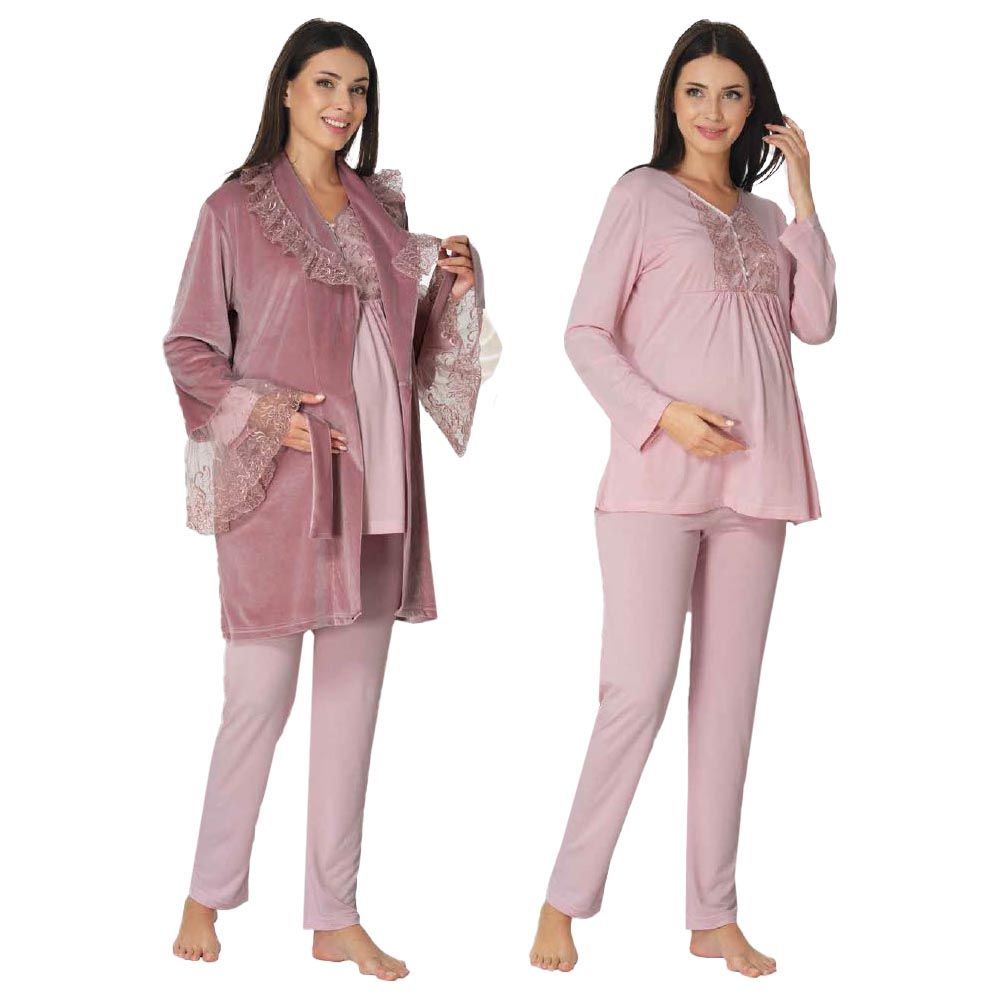 Mini Plum - 3pc-set - Lace Maternity PJ & Robe - Pink