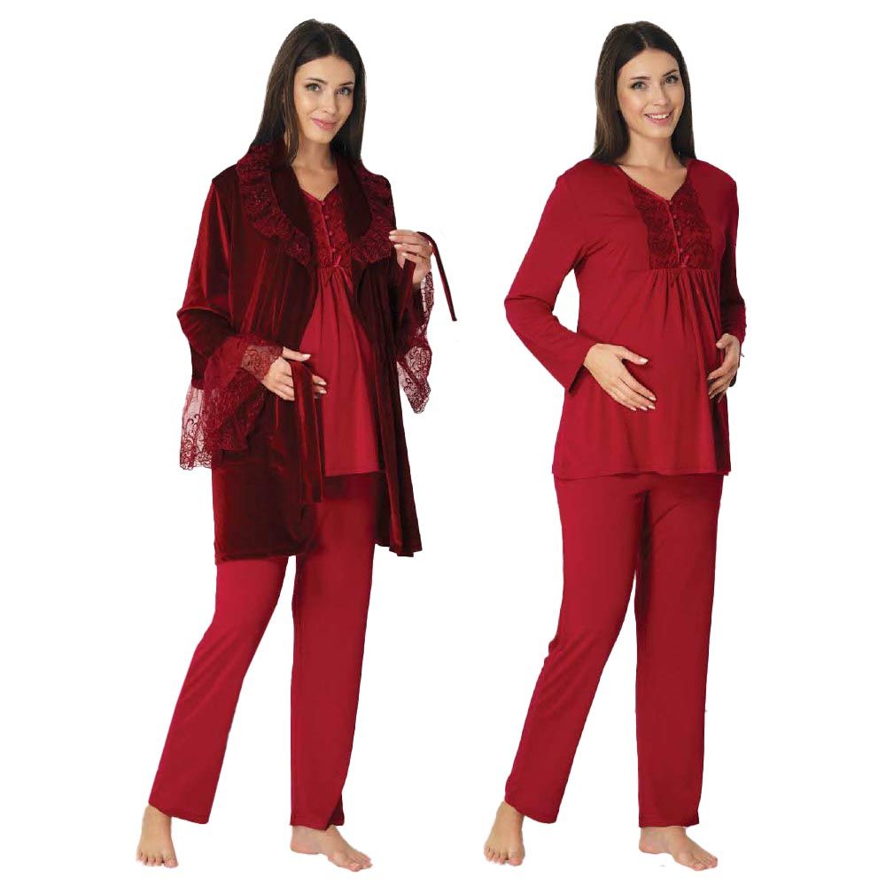 Mini Plum - 3pc-set - Lace Maternity PJ & Robe - Red