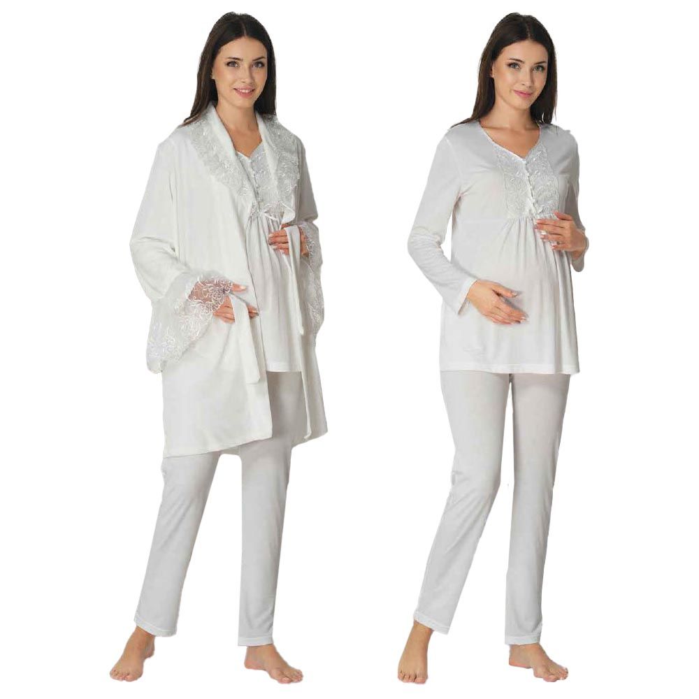 Mini Plum - 3pc-set - Lace Maternity PJ & Robe - White