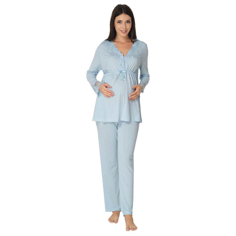 Mini Plum - Maternity Pajamas Set w/ Lace Details - Blue