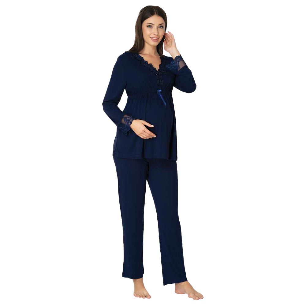 Mini Plum - Maternity Pajamas Set w/ Lace Details - Navy