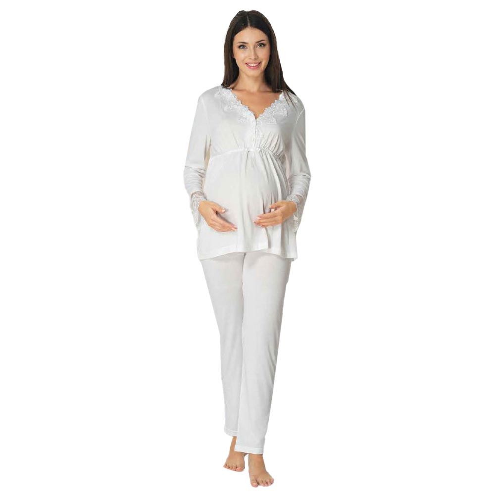 Mini Plum - Maternity Pajamas Set w/ Lace Details - White