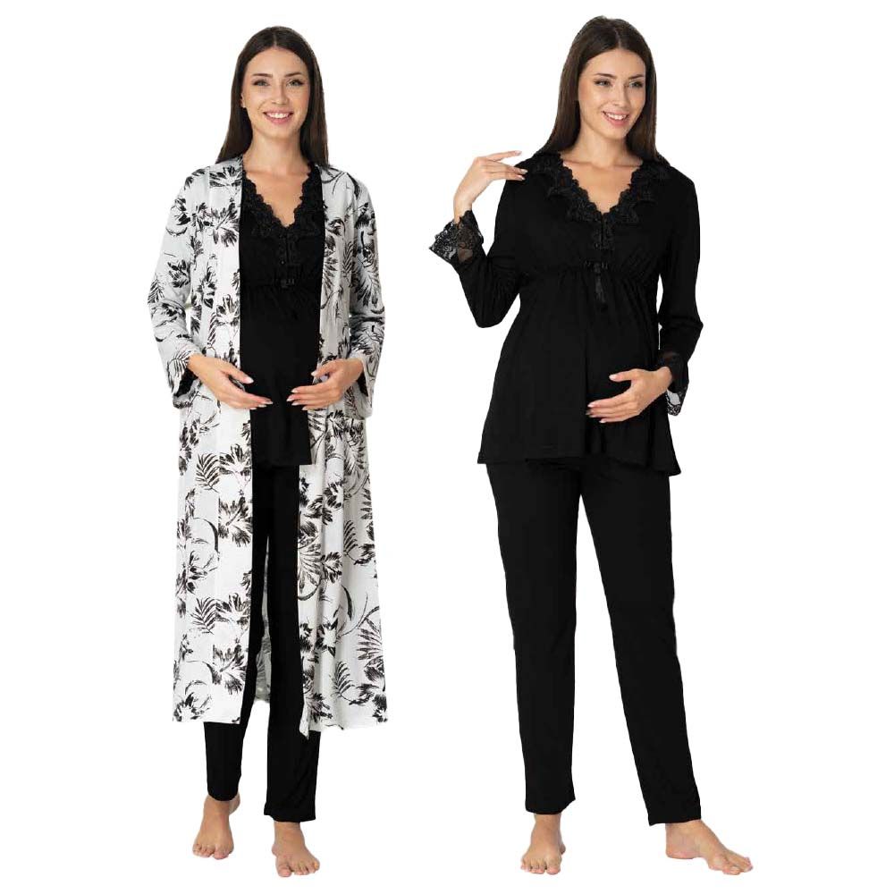 Mini Plum - 3pc-set - Lace Maternity PJ Set w/ Robe - Black