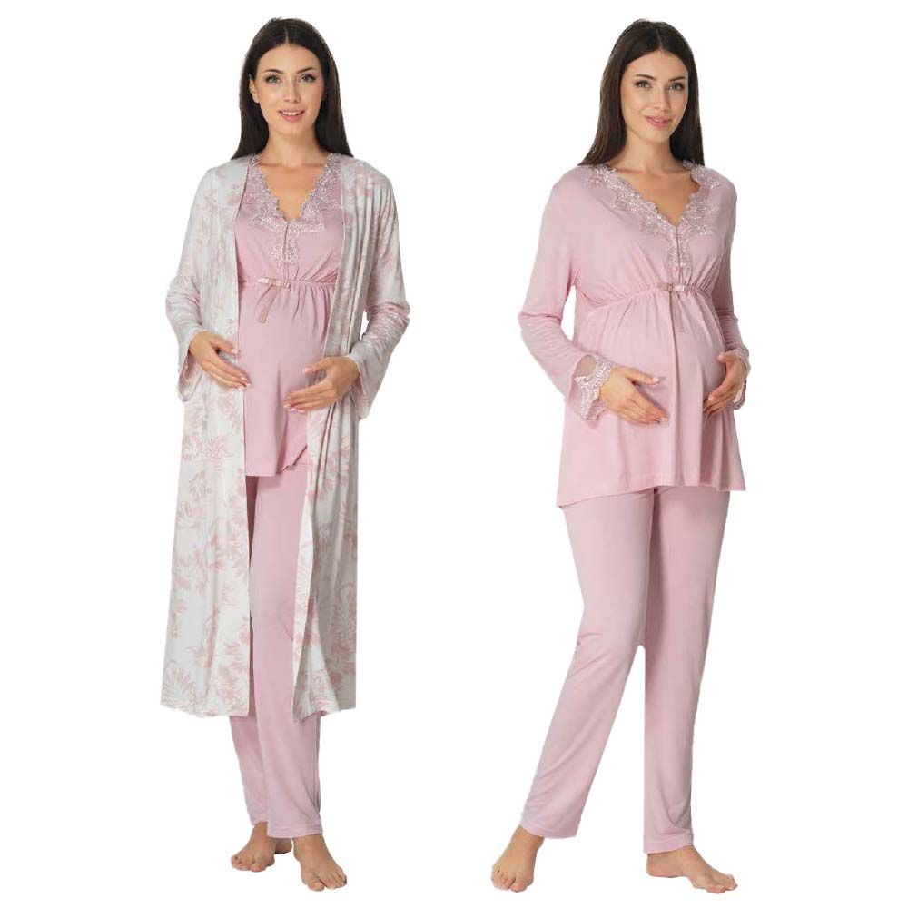 Mini Plum - 3pc-set - Lace Maternity PJ Set w/ Robe - Pink