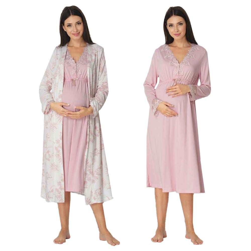 Mini Plum - 2pc-set - Maternity Nightie & Robe Set - Pink