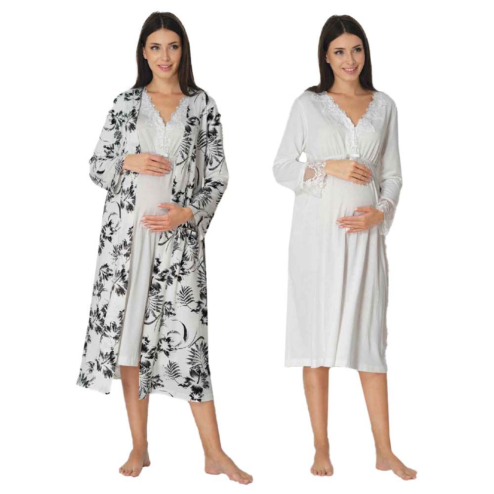 Mini Plum - 2pc-set - Maternity Nightie & Robe Set - White