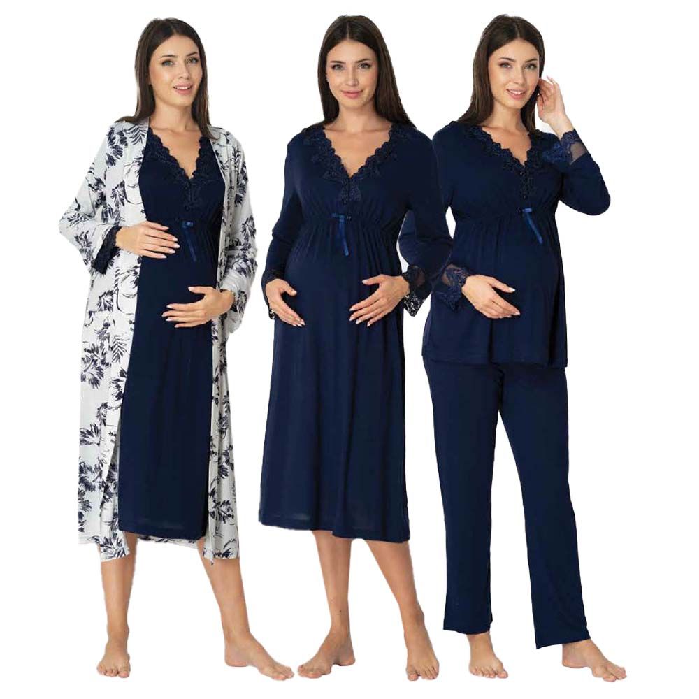 Mini Plum - 4pc-set - Maternity Nightwear w/ Printed Robe - Navy