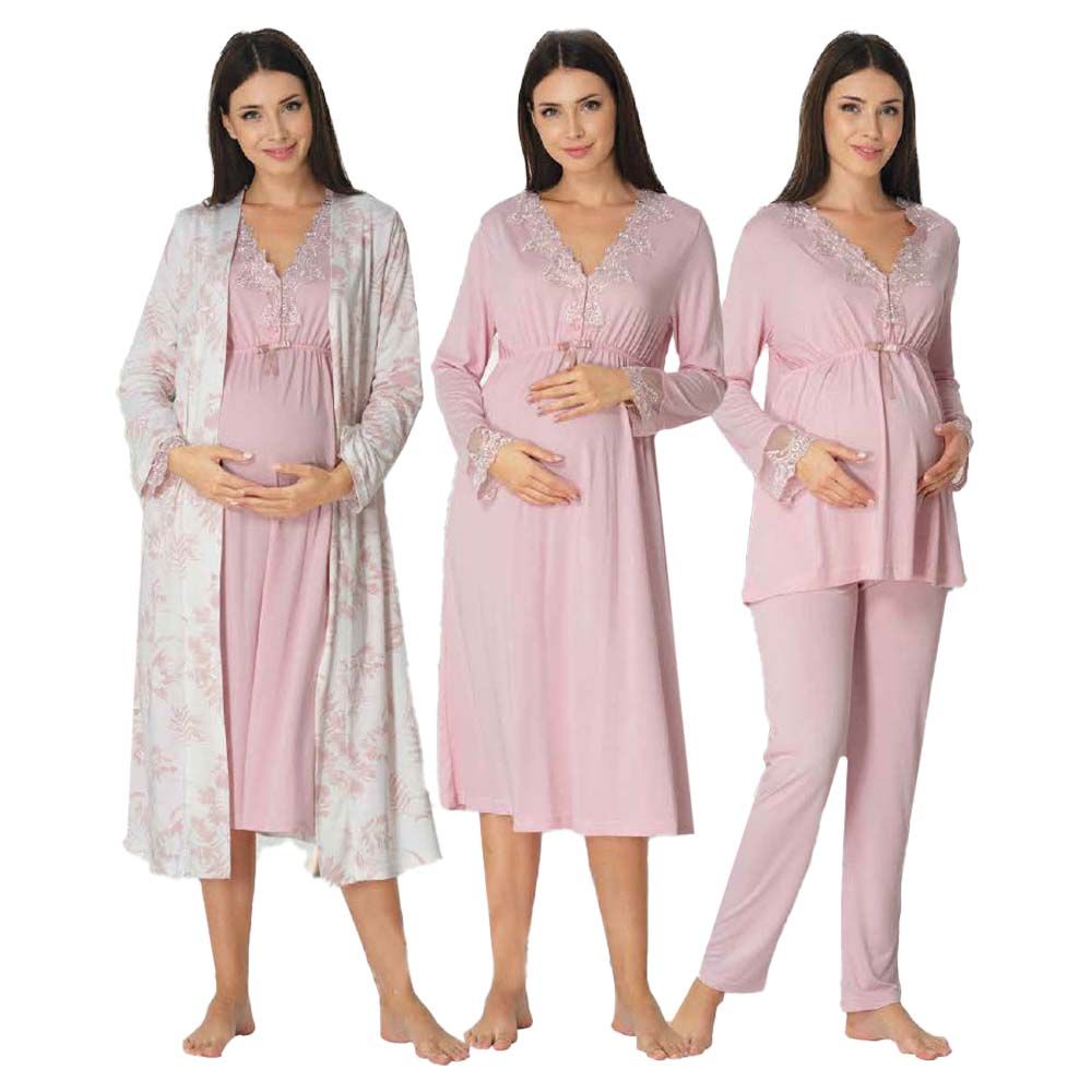 Mini Plum - 4pc-set - Maternity Nightwear w/ Printed Robe - Pink