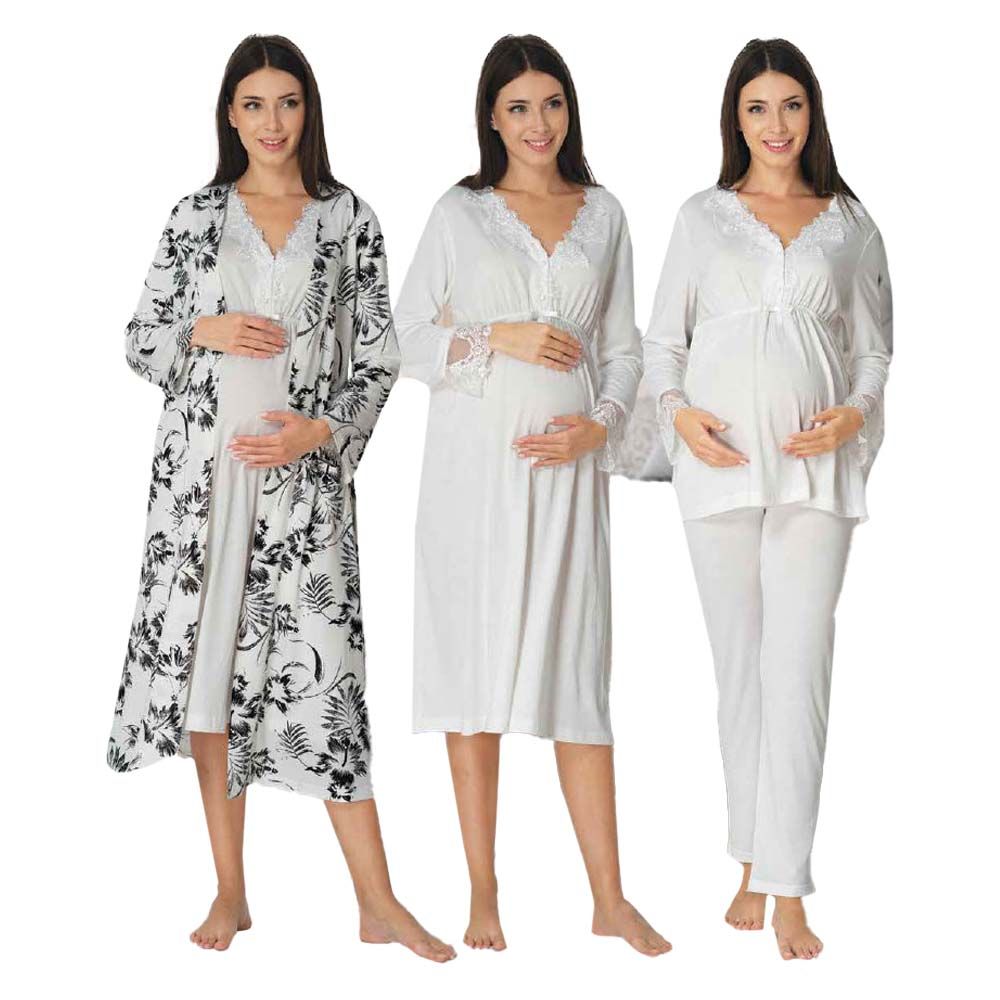 Mini Plum - 4pc-set - Maternity Nightwear w/ Printed Robe - White