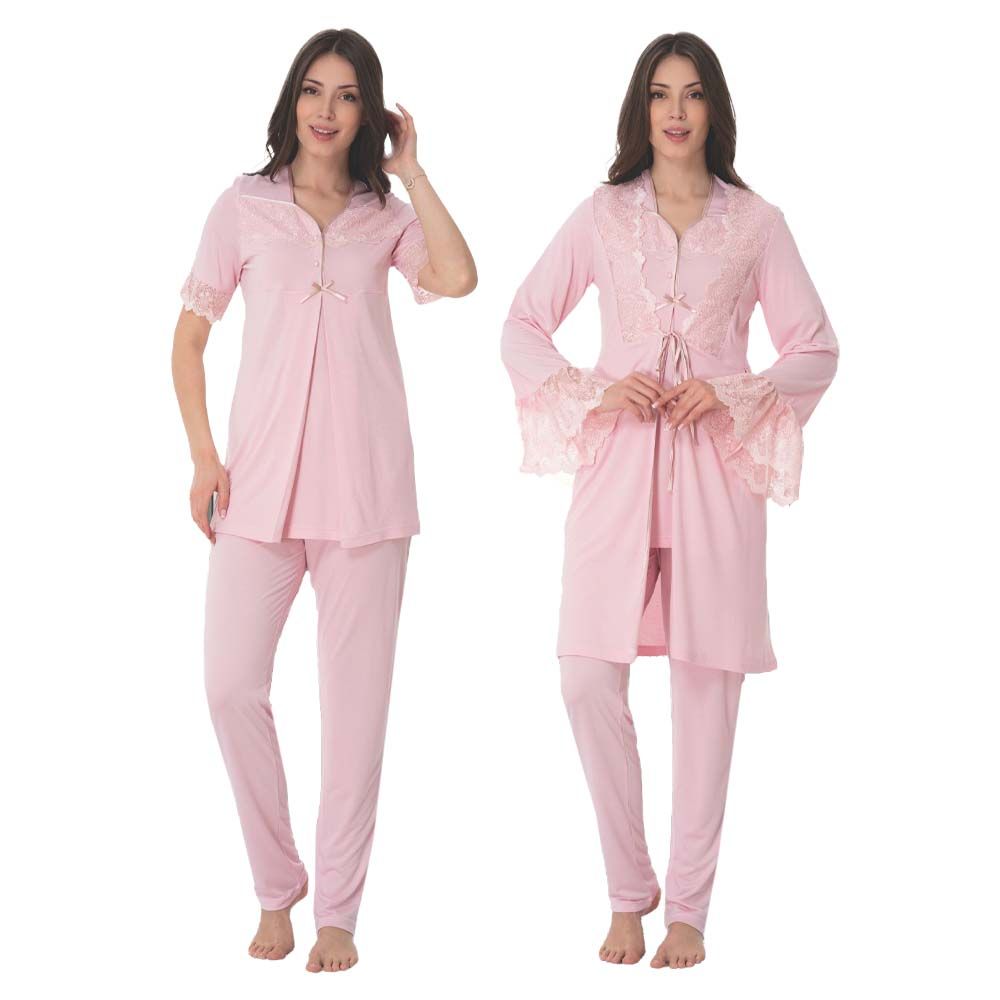 Mini Plum - 3pc-Set - Lace Maternity Pajamas & Robe - Pink