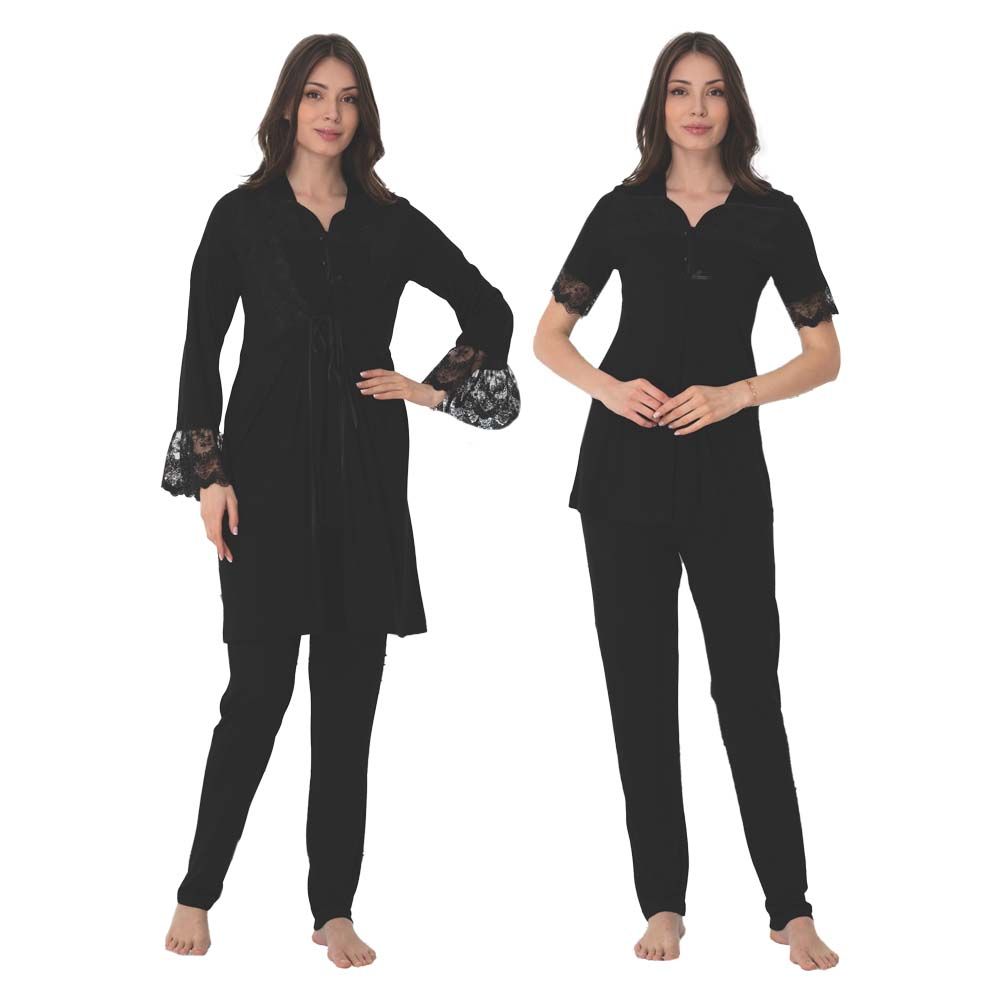 Mini Plum - 3pc-Set - Lace Maternity Pajamas & Robe - Black