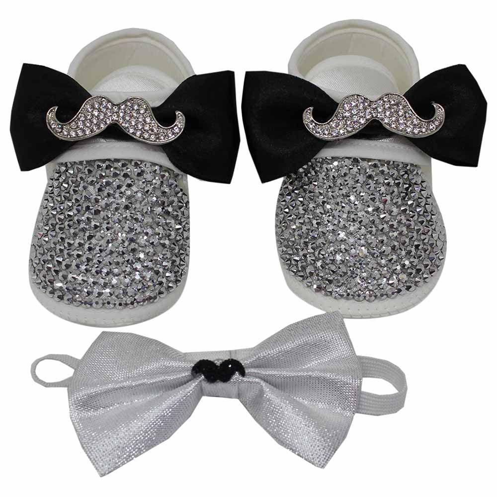 Mini Plum - Swarovski Mustache Shoes And Bow Tie Set