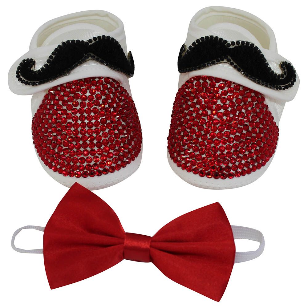 Mini Plum - Mustache Shoes And Bow Tie Set - Red