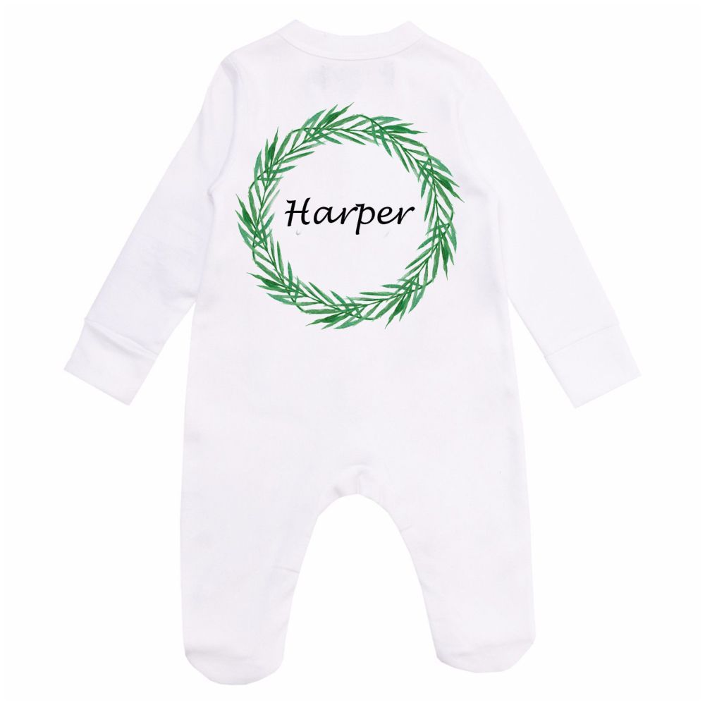 Mini Plum - Personalised Leaves Wreath Baby Full Romper