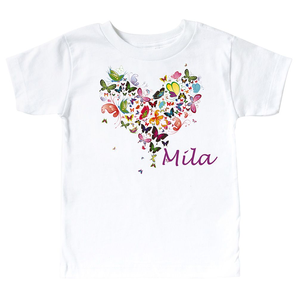 Mini Plum - Personalized Kids Butterflies T-Shirt - White