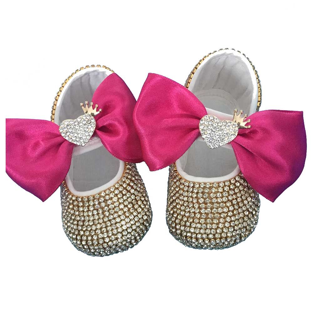 Mini Plum - Girls Crystal Pink Bow Shoes And Headband