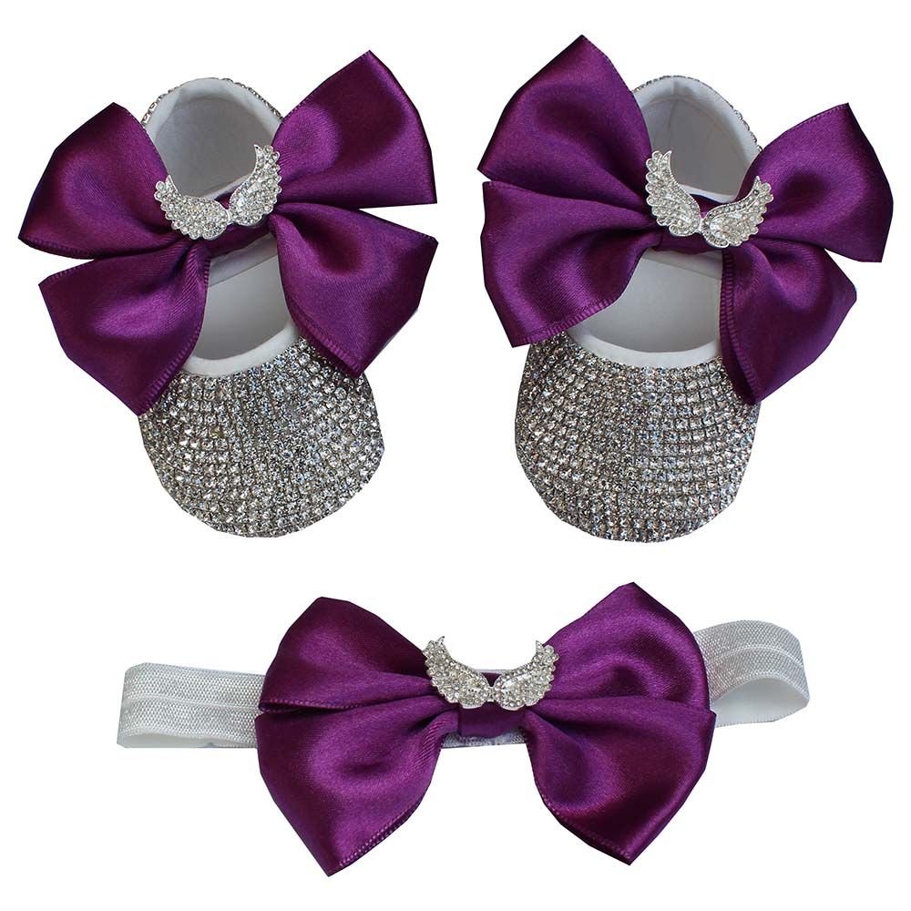 Mini Plum - Crystals Angel Wings Shoes & Hairband Set