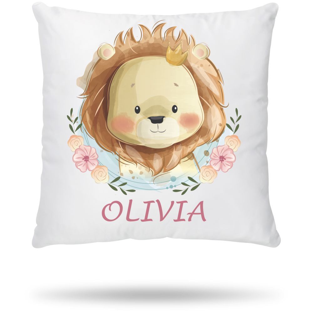 Mini Plum - Personalised Lion Name Cushion Cover - White