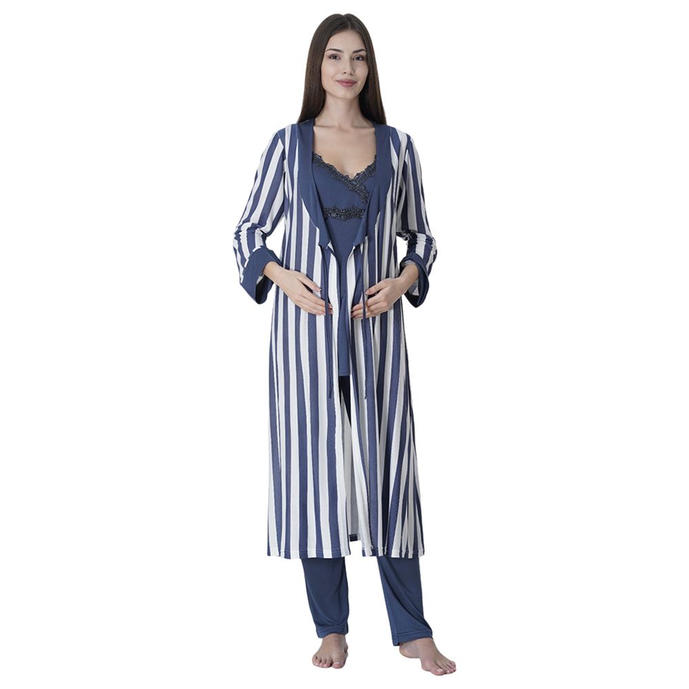 Mini Plum - 3pc-Set - Maternity Pjyamas W/ Strped Robe - Navy