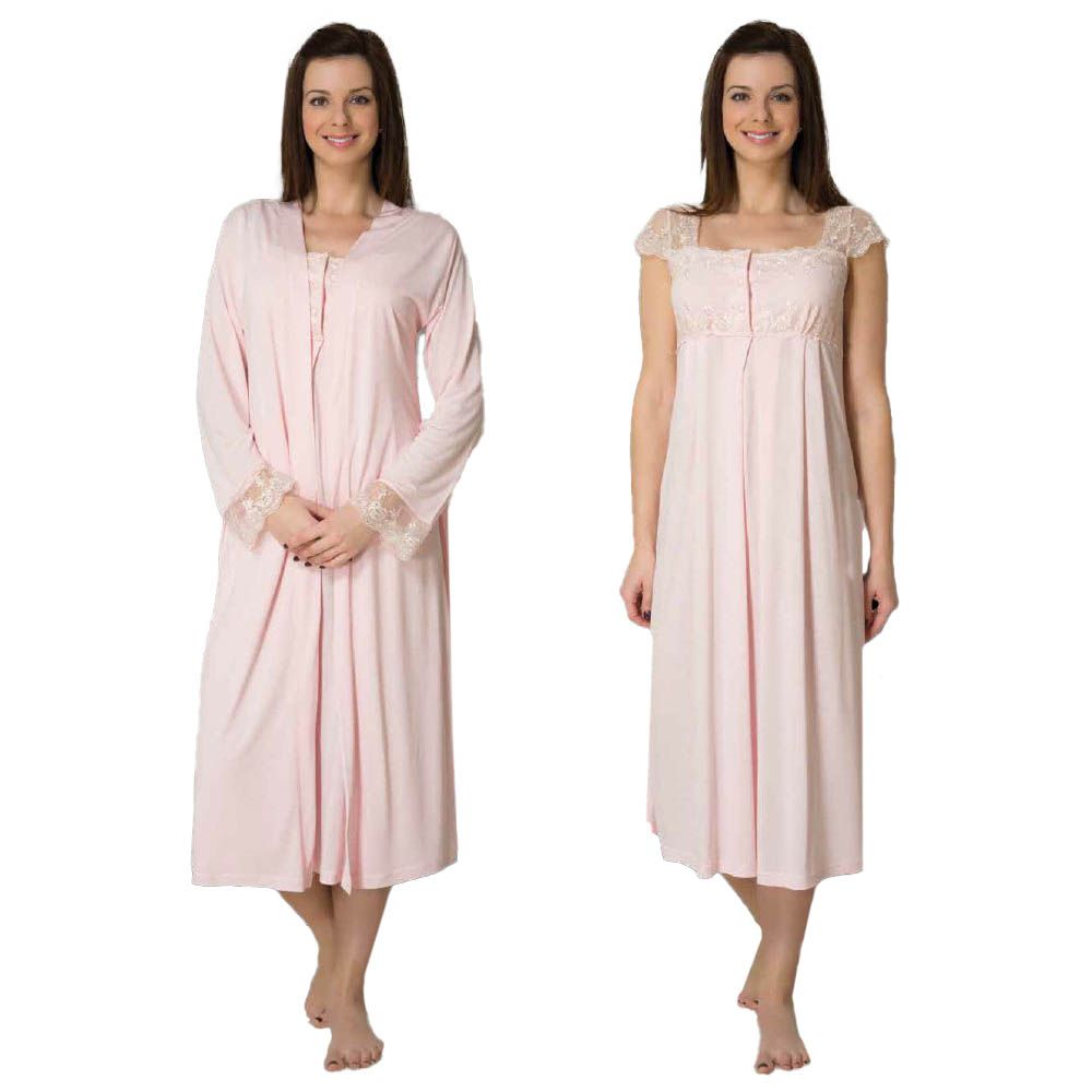 Mini Plum - 2pc-set - Lace Maternity Nightie & Robe - Pink