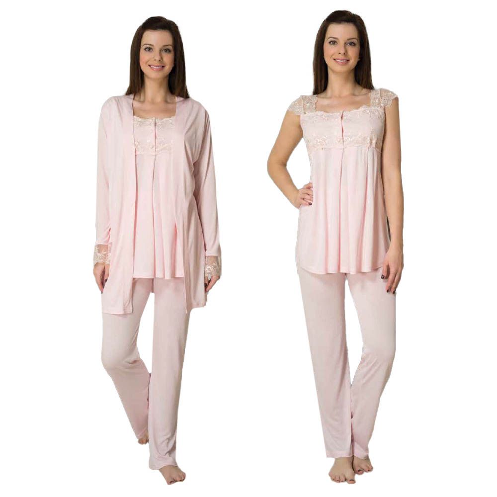 Mini Plum - 3pc-set - Lace Maternity Pajama Set - Pink