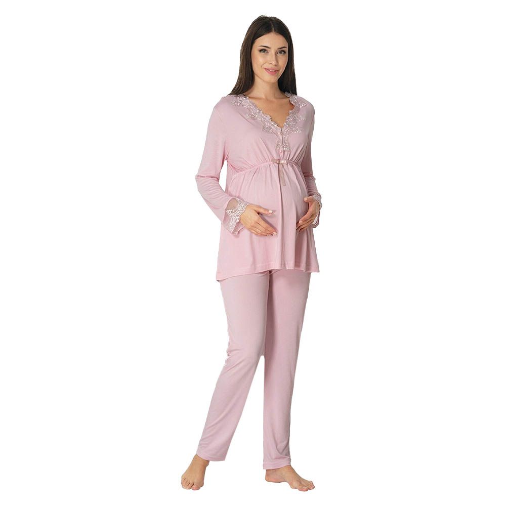 Mini Plum - Lace Maternity Pajamas - Dark Pink