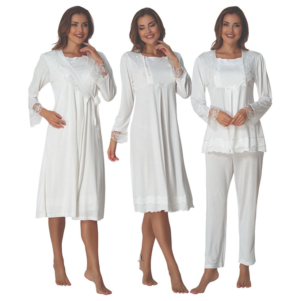 Mini Plum - 4pc-Set - Lace Maternity Nightie & Robe - White