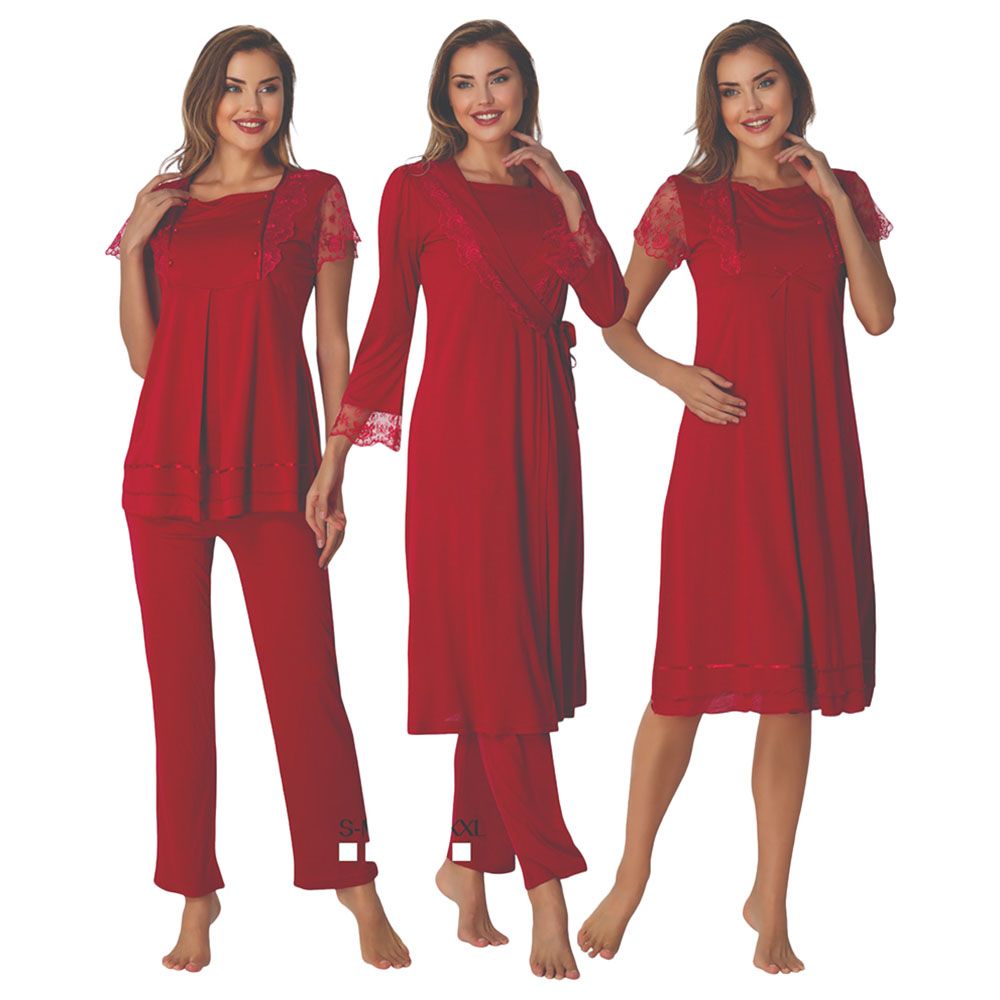 Mini Plum - 4pc-Set - Maternity Nightie & Robe - Red