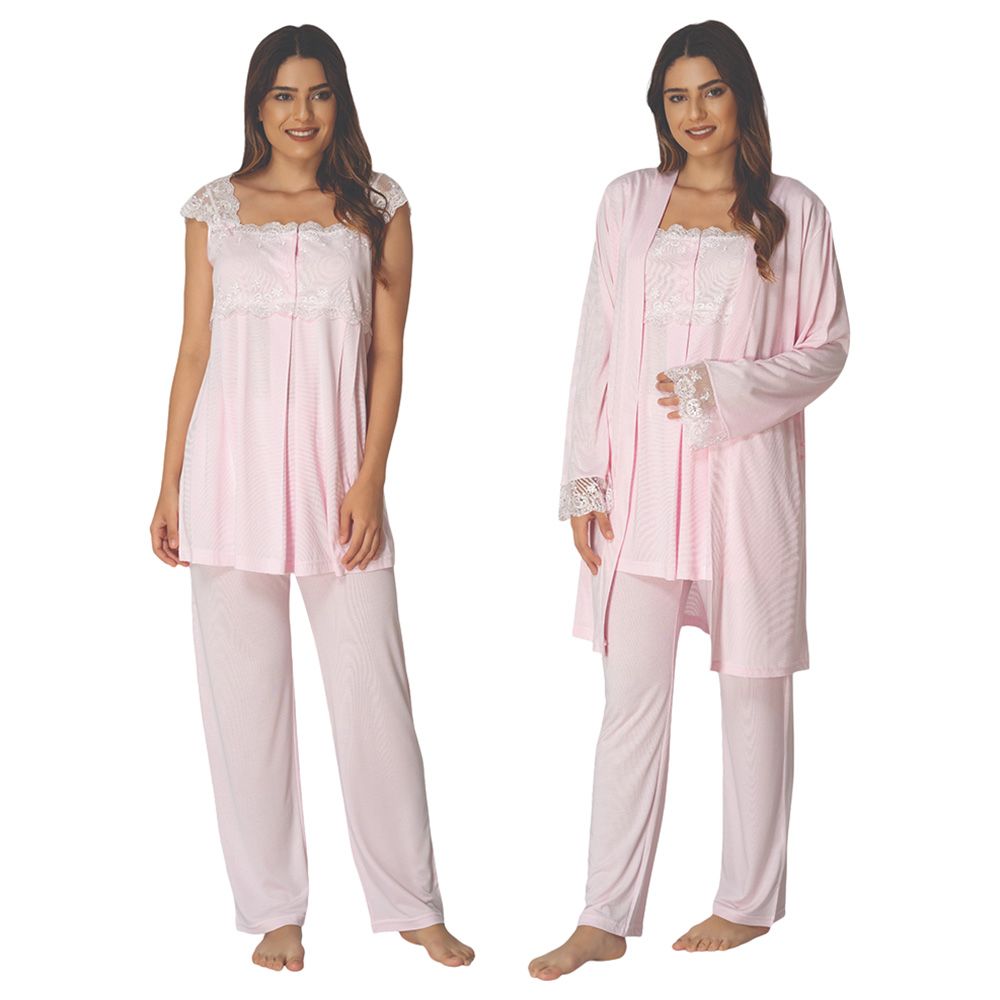 Mini Plum - 3pc-Set - Maternity Pjyamas W/ Lace Neckline - Pink