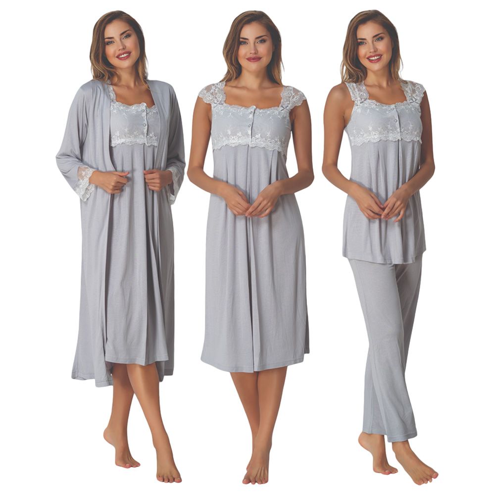 Mini Plum - 4pc-Set - Lace Maternity Nightie & Robe - Grey