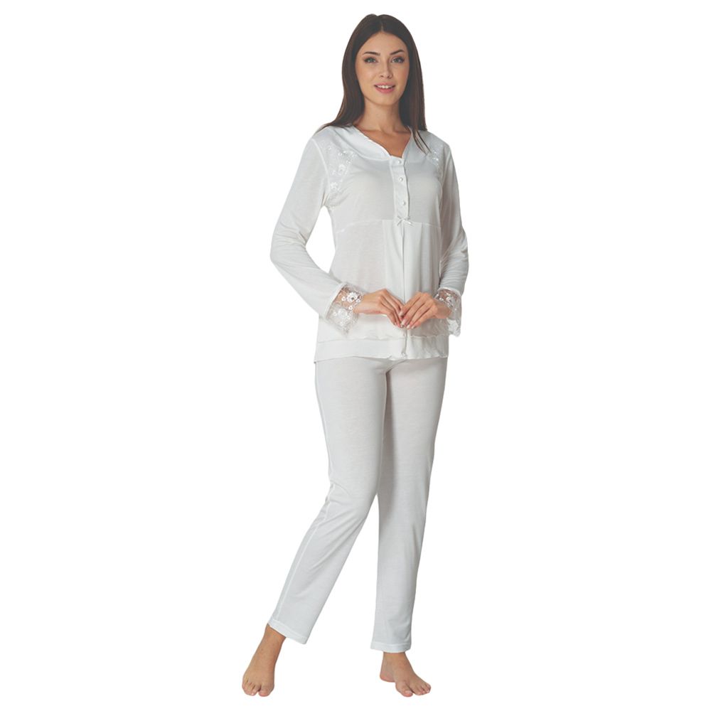 Mini Plum - Maternity Pjyamas W/ Lace Sleeves - White