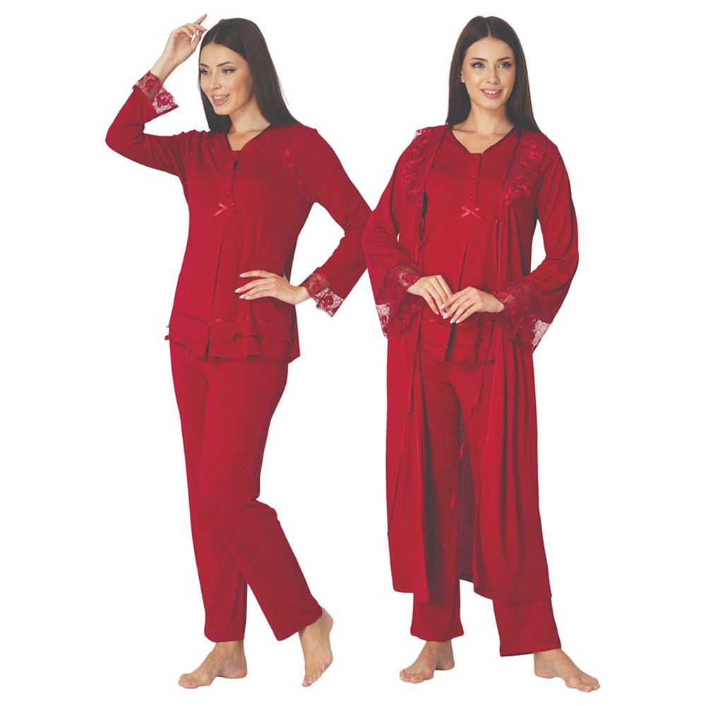 Mini Plum - 3pc-Set - Lace Sleeves Maternity Pjyamas - Red