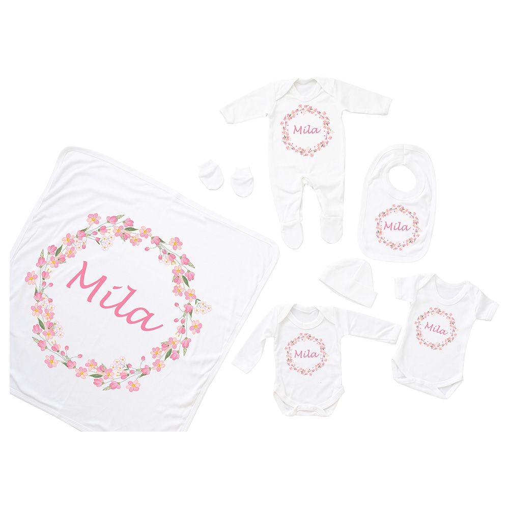 Mini Plum - 7pc-Set - Personalised Pink Wreath Outfit - White