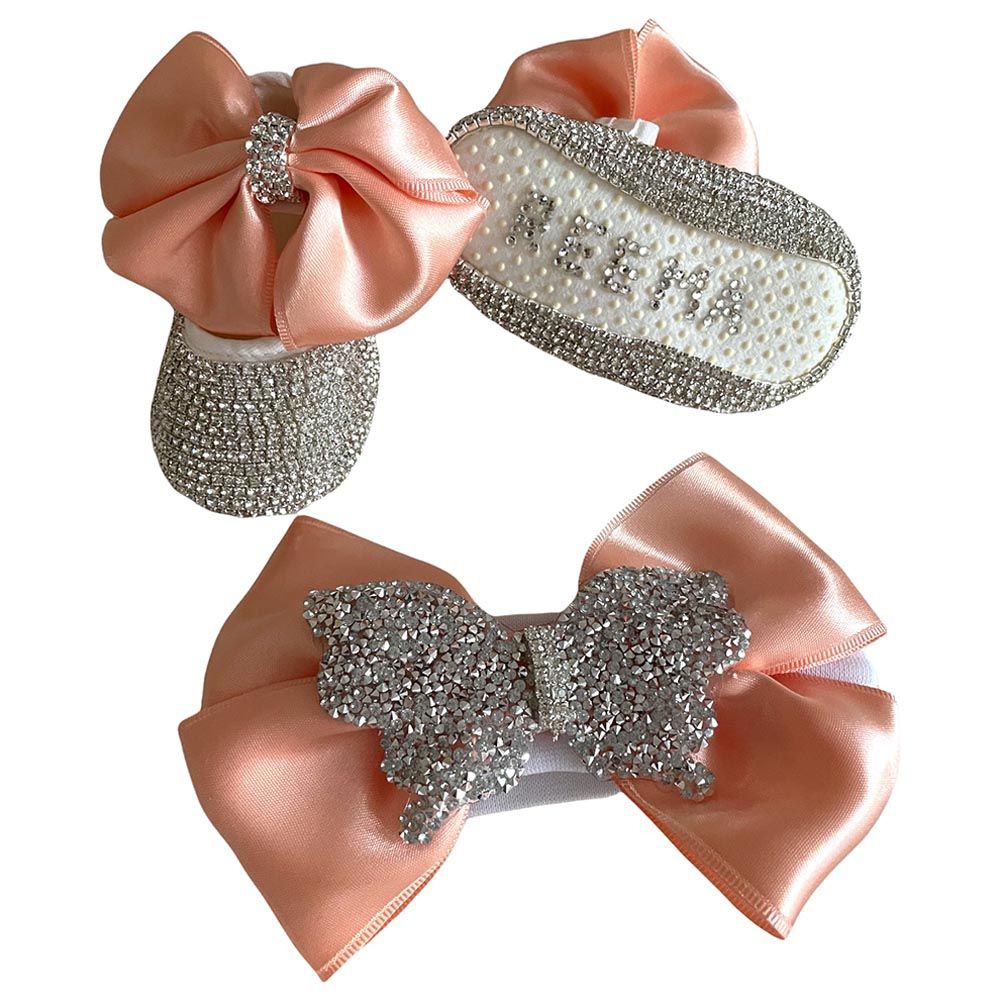 Mini Plum - Personalised Crystal Baby Shoes & Headband - Peach