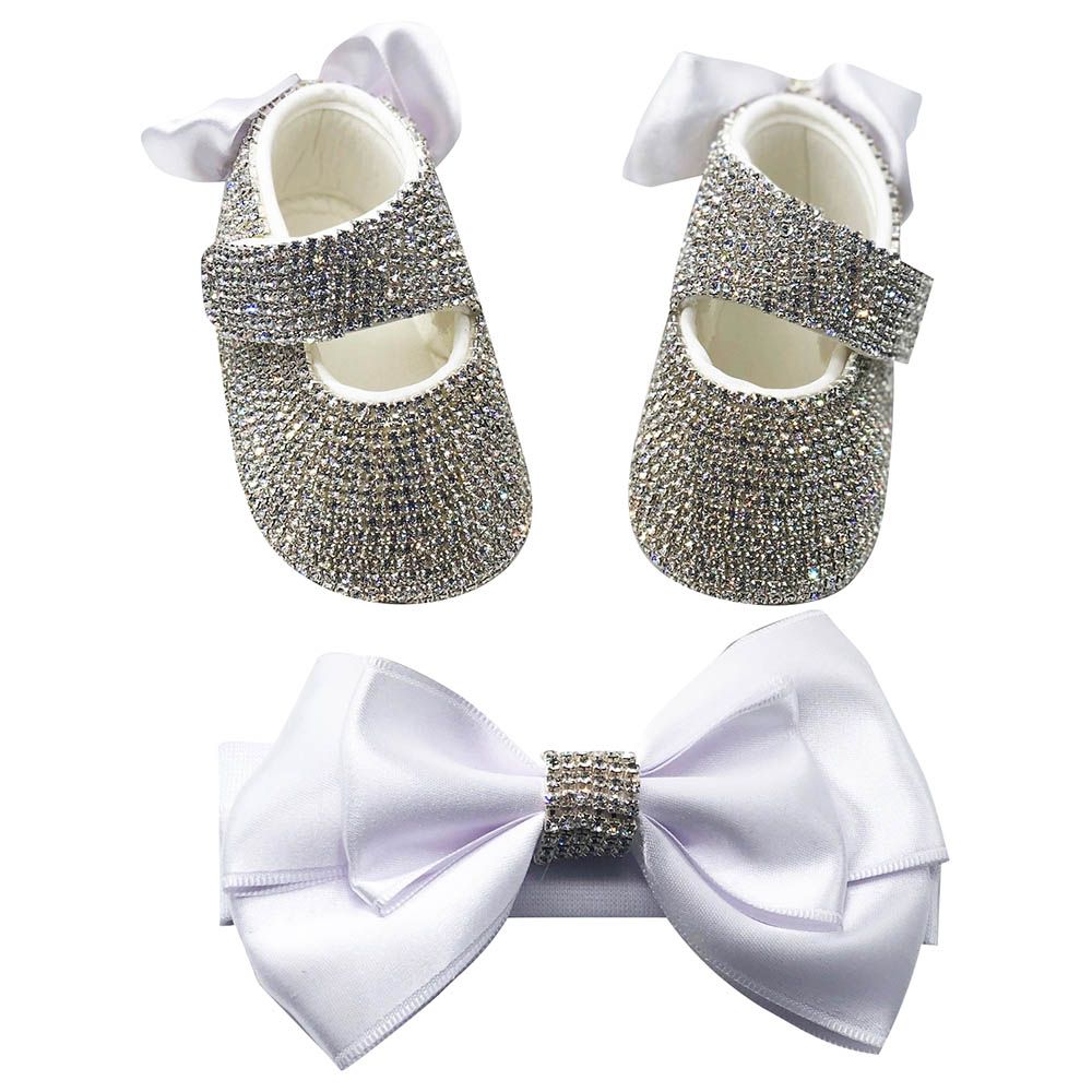 Mini Plum - Personalised Crystal Baby Shoes & White Headband