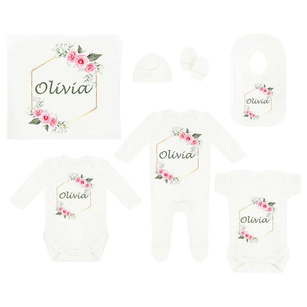 Mini Plum - Personalized Rose Print 7pc-Set - White