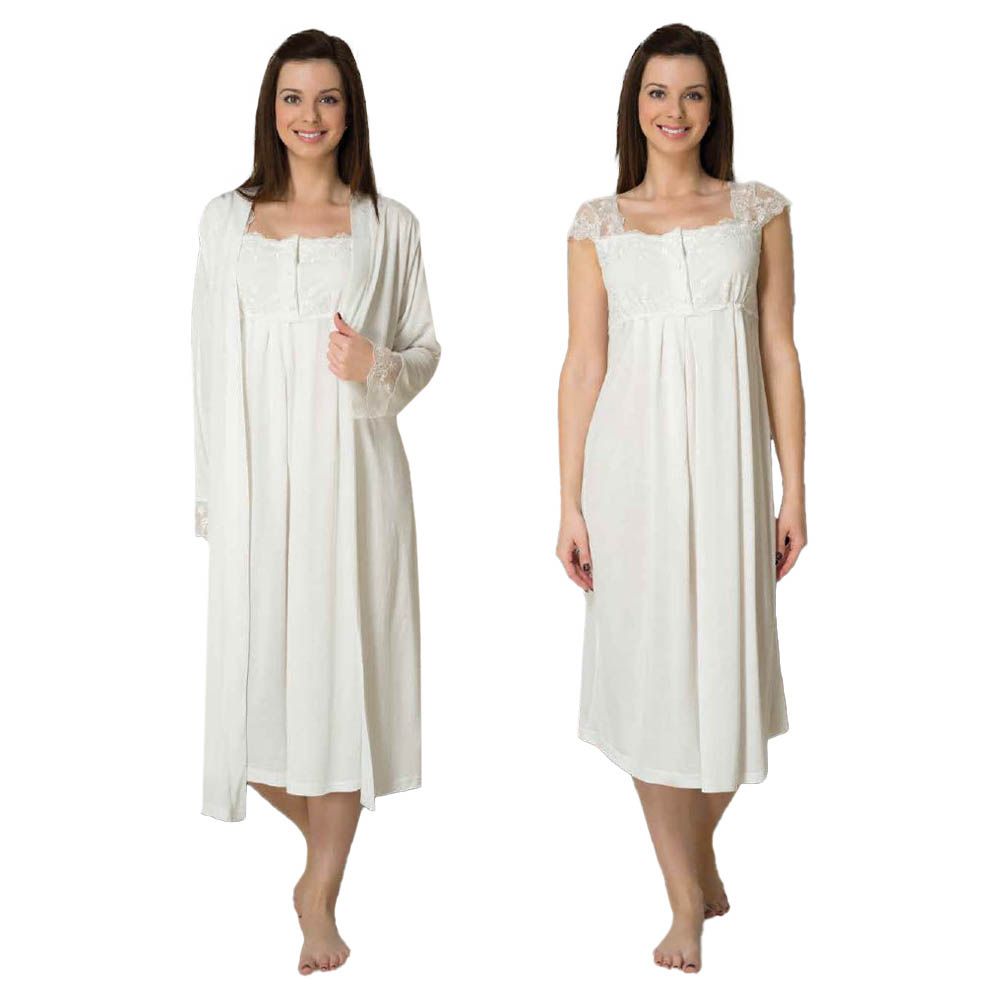 Mini Plum - 2pc-set - Lace Maternity Nightie & Robe - White